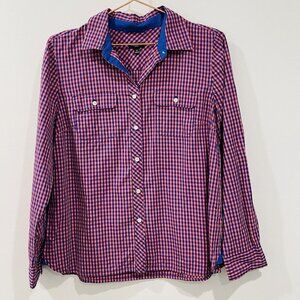 Talbots Petites Plaid Orange Blue Collared Button Down Shirt Tab Sleeve Size 12P